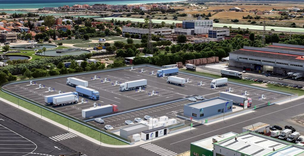 PragmaCharge heavy-truck charging hub with electric trucks at charging bays